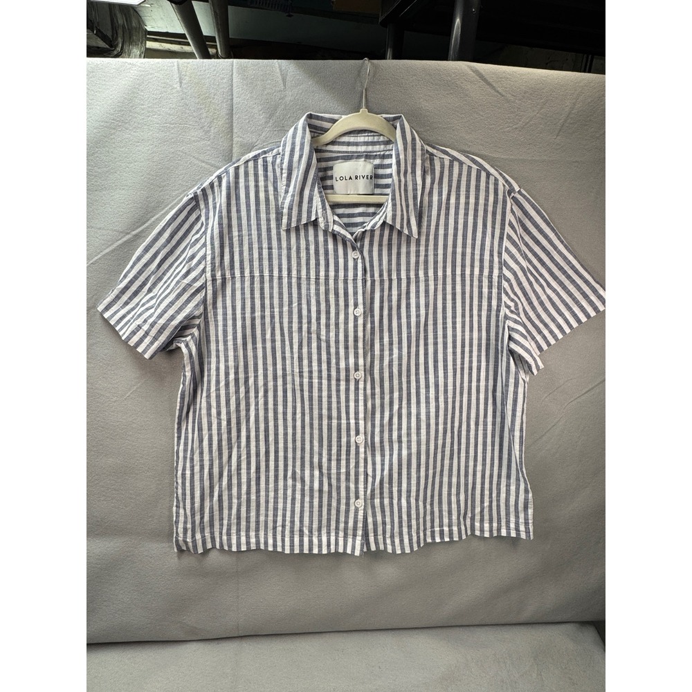 Lola‎ River XL Cotton Striped Short Sleeve Button Up Shirt Boxy Coastal Top